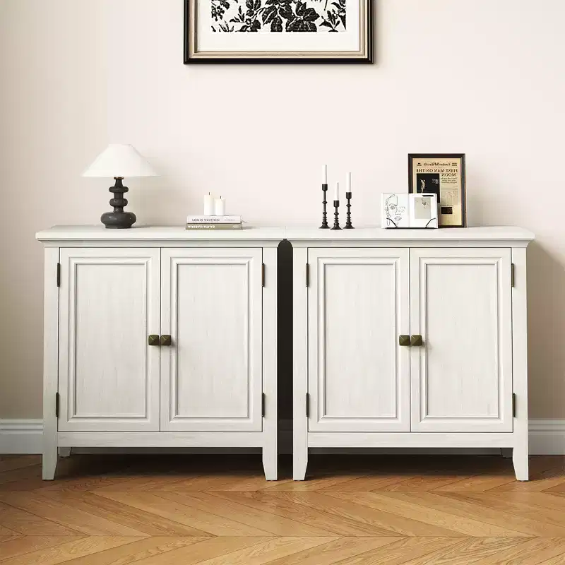 2-Door Buffet Cabinet with Storage, Bohemian Sideboard with Adjustable Shelves, Grayish-White