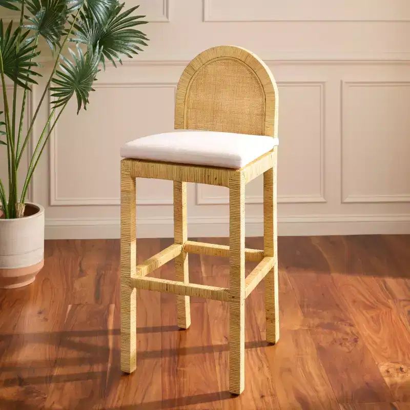 Cane Round Back Bar Stool, Natural/White, Mango Wood Frame