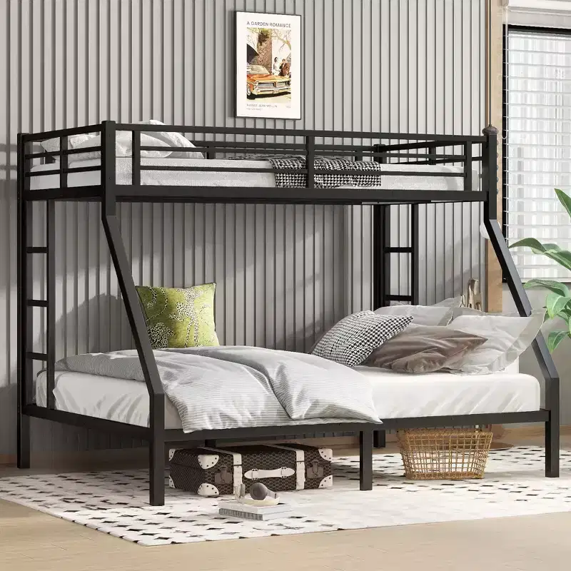 Metal Twin XL over Queen Bunk Bed for Teens and Adults Space-Saving and No Box Spring Needed Black