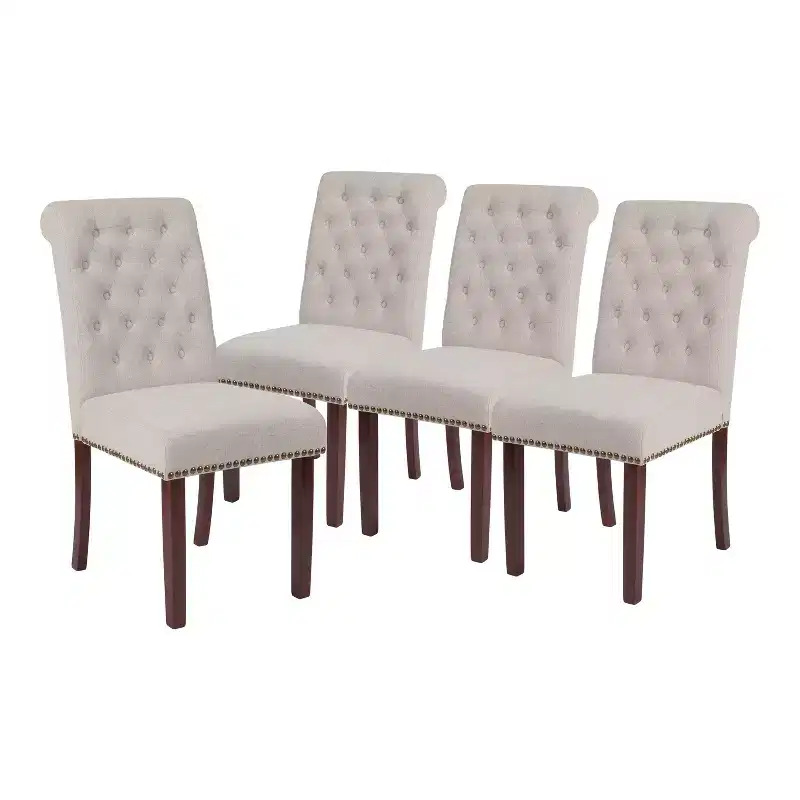 Emma and Oliver 4 PK Upholstered Rolled Back Parsons Chair with Nailhead Trim & Finished Frame with Plastic Floor Glides