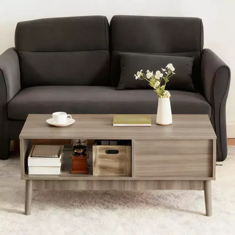 Coffee Table with Storage, 39 Mid Century Modern Fluted Center Tables with Drawer, Open Shelf & Study Wood Legs, 2-Tiers for Living Room Bedroom