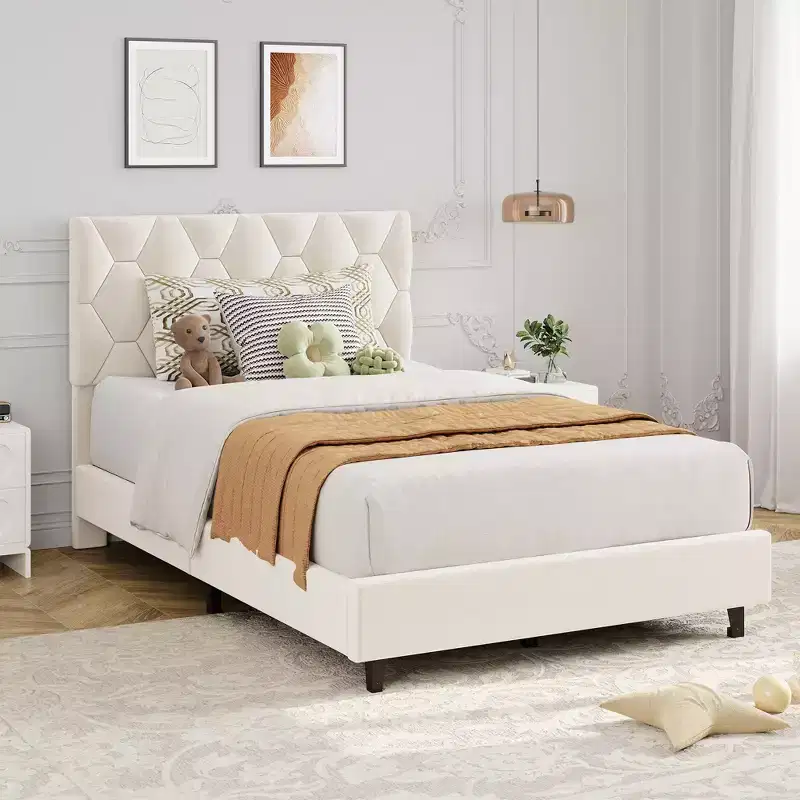 Modern Upholstered Platform Bed Frame with Adjustable Headboard  Heavy Duty Wood Slats  Sturdy Support  Noise-Free  No Box Spring Needed(Beige)