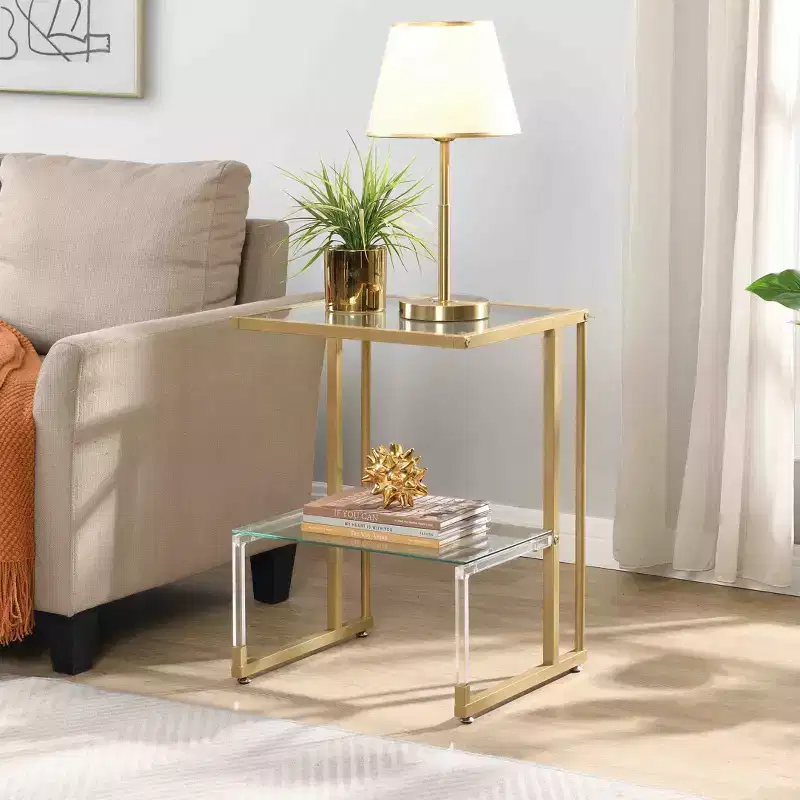 Modern C-Shape 2-Tier Side Table with Glass Tabletop and Shelf, End Table with Metal Frame, Couch Table for Living Room, Bedroom, Gold