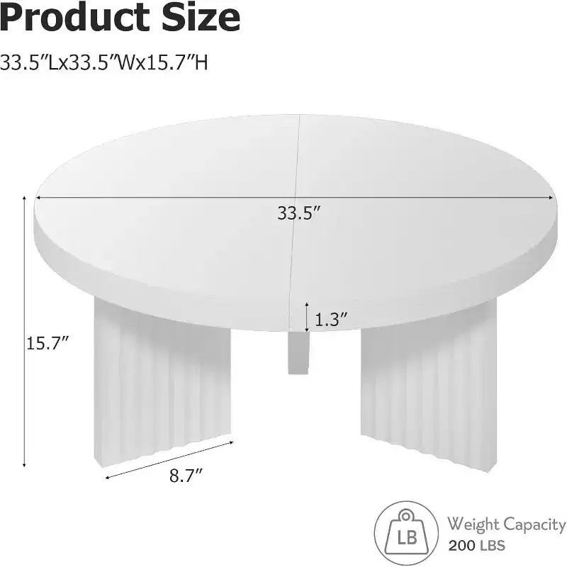 Round Coffee Table, 33.5 Circle Center Table with Fluted Legs & 1.3 Thick Top, Accent Sofa Tables for Living Room, Bedroom, Easy Assembly, White