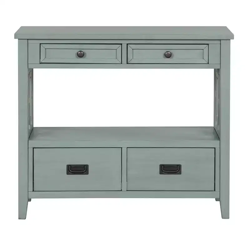 Hostack 36'' Farmhouse Wood Console Table with 4 Drawers and 1 Storage Shelf for Entryway and Living Room , Retro Blue