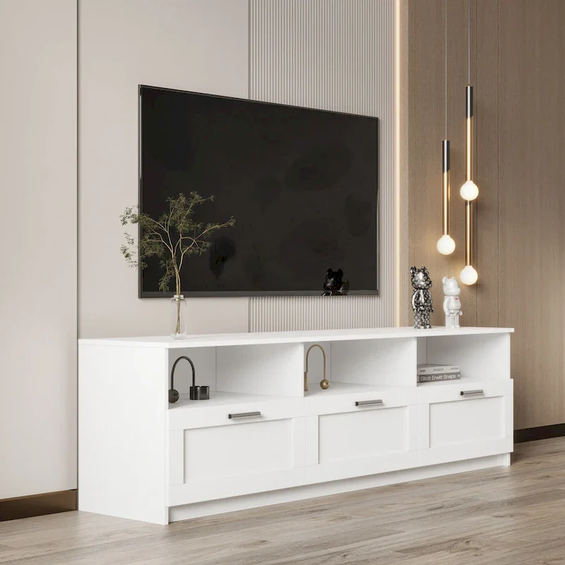 70-Inch TV Stand with Open Shelves and Drawers — White