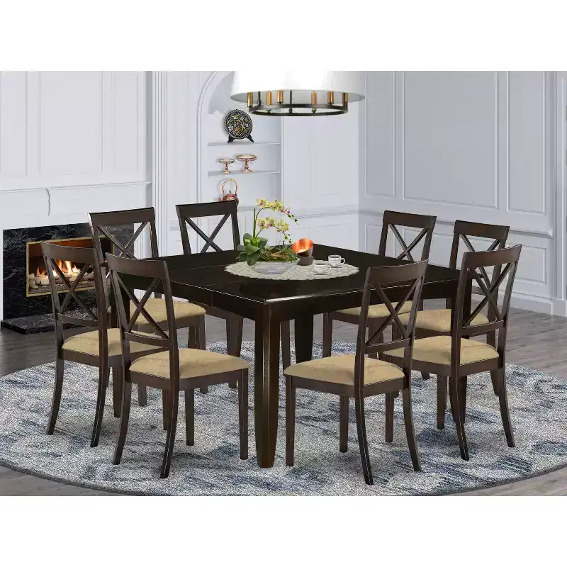 Dark Cappuccino Square Extension Dining Table Set, Seats up to 8, 9-Piece
