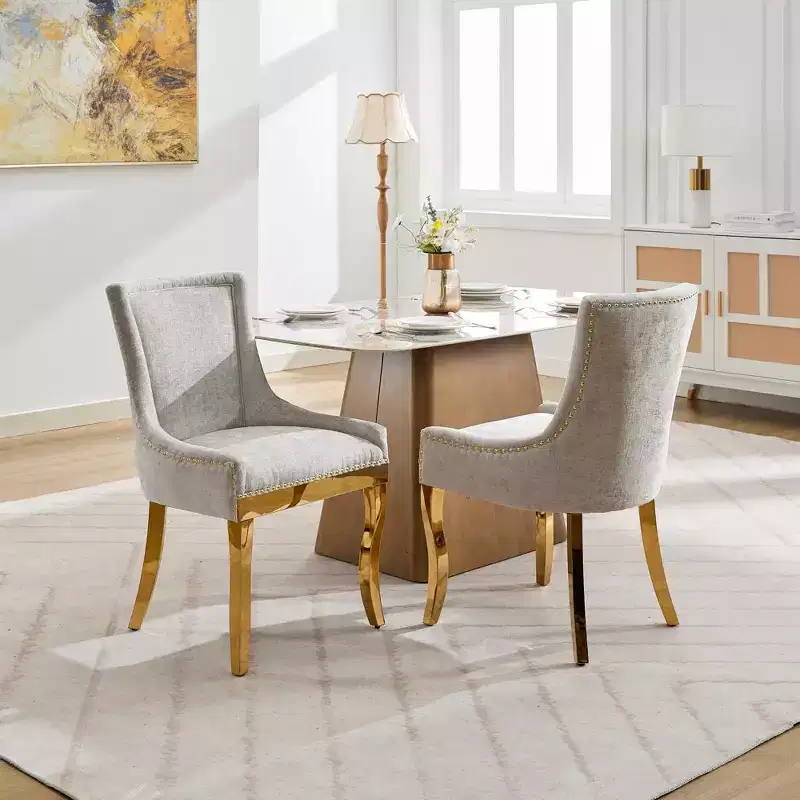 Okak Modern Chenille Dining Chairs with Curved Gold Plated Legs, Upholstered Dining Chairs Set of 2 with Rivet Trim, Kitchen Chairs for Home