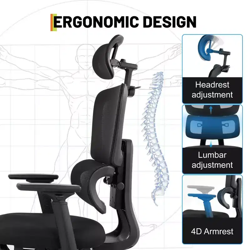 Ergonomic Mesh Office Chair with 3D Headrest & Adjustable Lumbar, 4D Flip-Up Arms High Back Desk Chair, 3-Level Tilt Swivel Computer Seating 300lbs