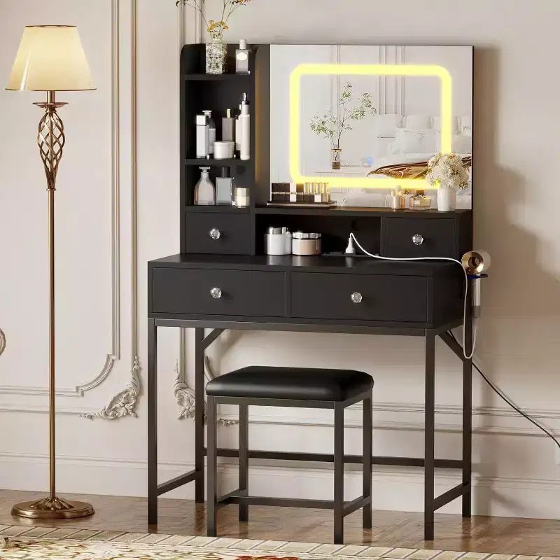 Acekool Makeup Vanity Desk with Mirror, 3-Color LED Lights, Charging Station, 4 Drawers, 6 Shelves, Stool, White Gold