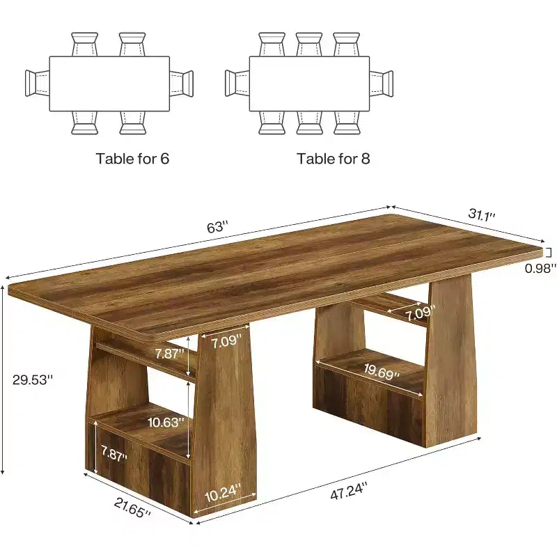 Lantine 63-inch Rectangular Conference Table with 4 Shelves, Sturdy Large Office Meeting Desk for 6-8 People, Brown.
