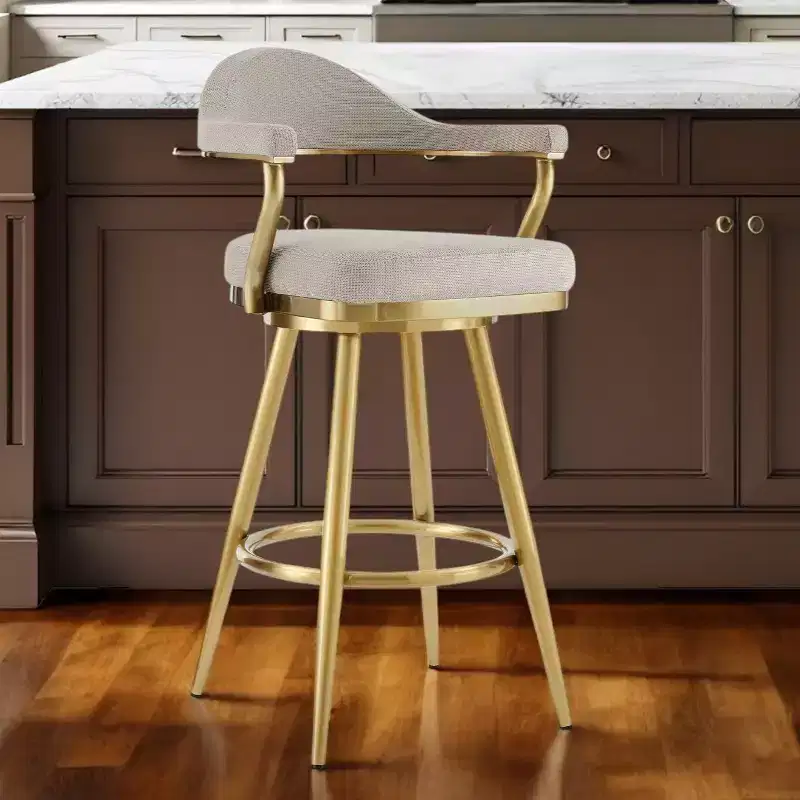 HomeRoots 26 Taupe and Gold Fabric and Stainless Steel Counter Height Swivel Bar Chair