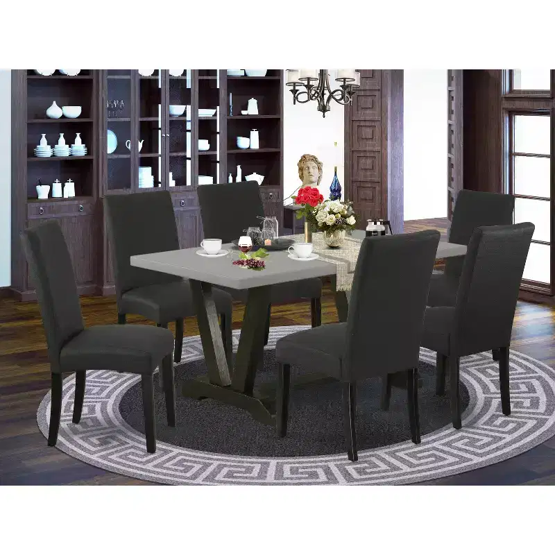 HomeStock Belmont 7-Pc Dining Room Set- 6 Dining Room Chairs and Rectangular Table Top, Cement and Black Finish
