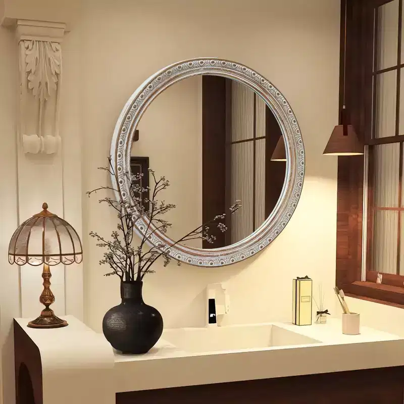 GDFStudio Valemont 23.6 Ornate Round Distressed Frame Wall Mirror