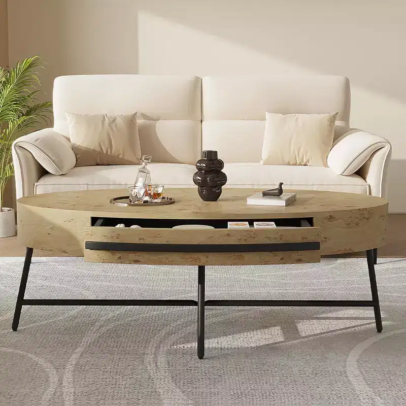 Oval Coffee Table with Drawers, 47.2 Inch, Cross-Shaped Metal Legs, Brown