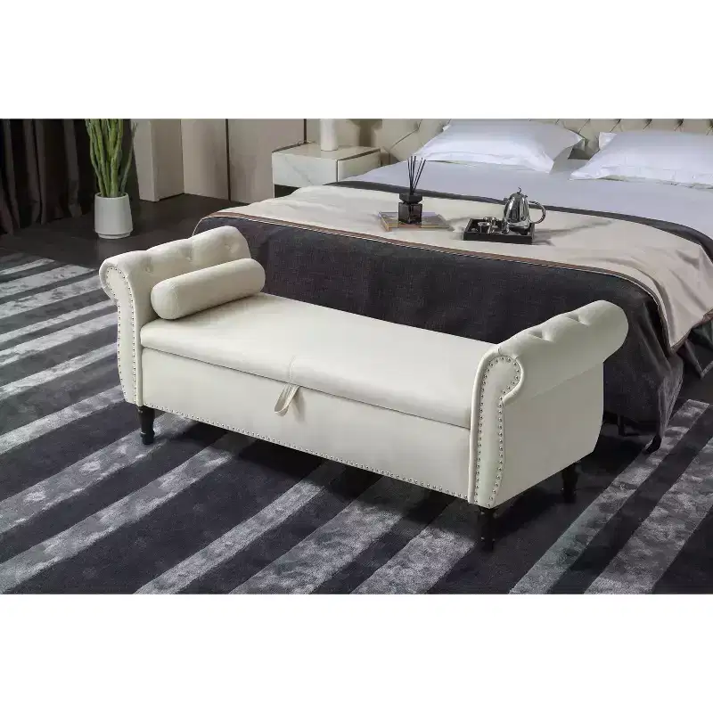 63 Storage Bench with Button Tufted & Pillow Velvet Upholstered End of Bed Bench with Wood Legs Entryway Bench for Living Room, Bedroom
