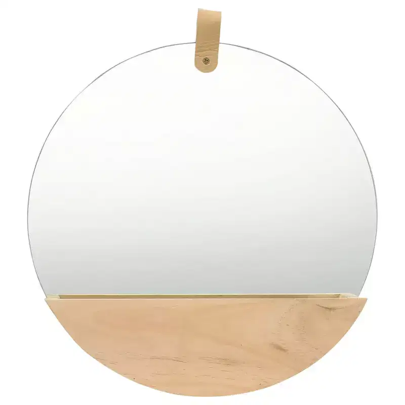 Round Wall Mirror with Shelf - Solid Pine Wood Frame