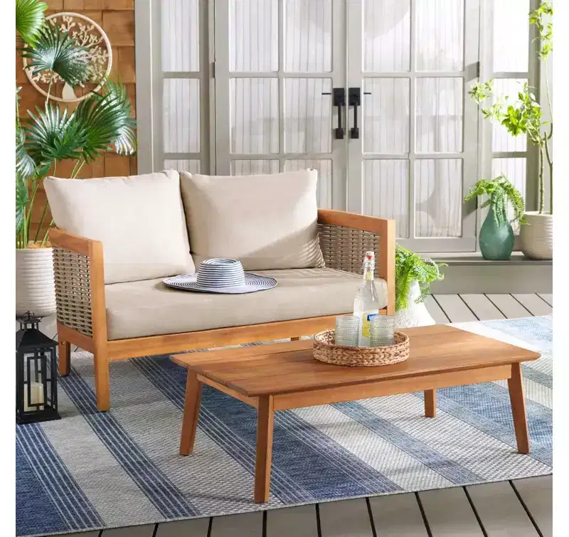 Christopher Knight Home Burchett Patio 2 Piece Acacia Wood and Wicker Conversation Set with Cushions