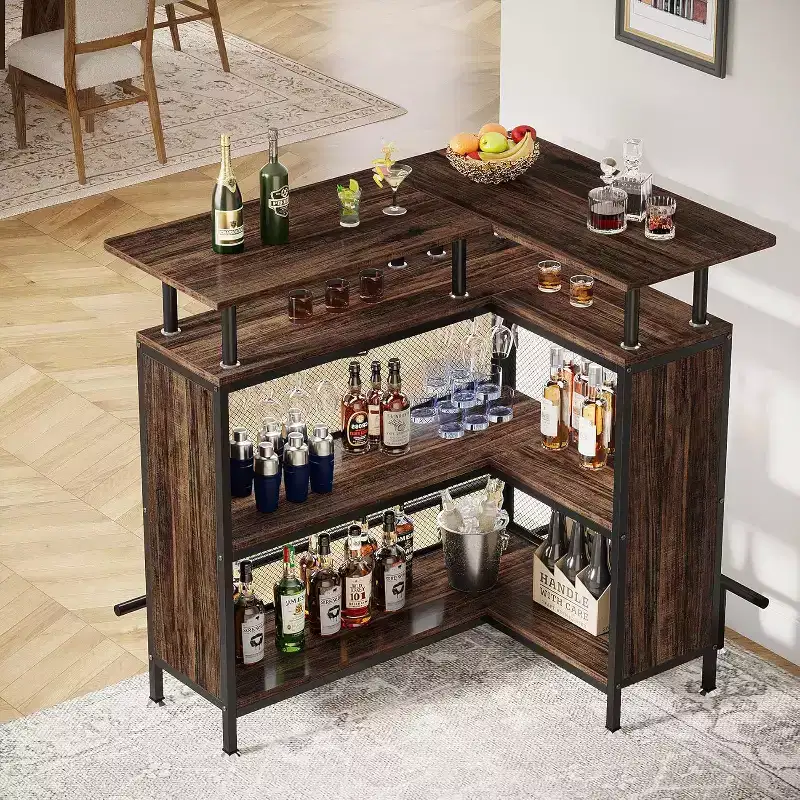 Lantine L-Shaped Home Bar Unit: Rustic Brown, with stemware racks, 2-tier shelves, footrest.