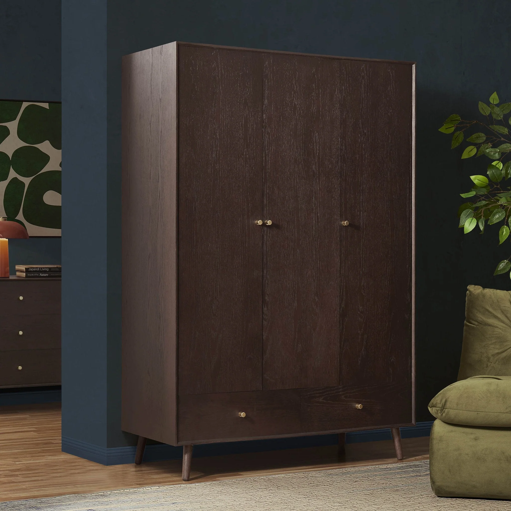 Oak 3 Door Wardrobe with Drawers - Walnut