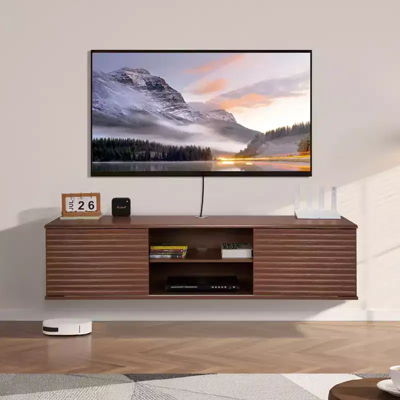 VEVOR Floating TV Stand, 60 Wall Mount Entertainment Center with Adjustable Shelf & Sliding Doors, 2 Tiers Floating TV Shelf, Brown