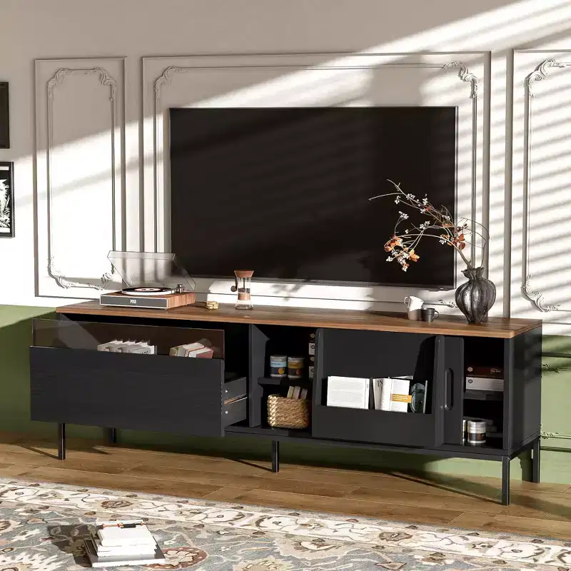 70.8'' TV Stand for TVs up to 75 Inches, Sliding Doors and Adjustable Shelves, Mid-Century Modern Media Console
