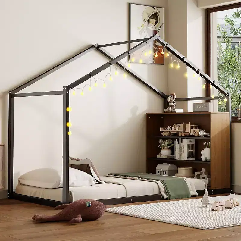 Metal House Bed for Kids, Floor Bed Frame with Shelves and Lights for Kids and Adults