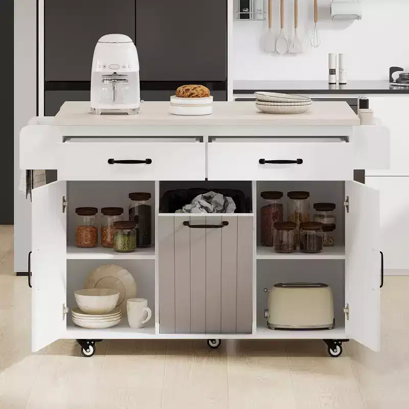 Pexfix Kitchen Island with Trash Can Storage Cabinet Kitchen Cart with Drop Leaf & Spice Rack & Towel Rack and Drawer with Adjustable Shelf White