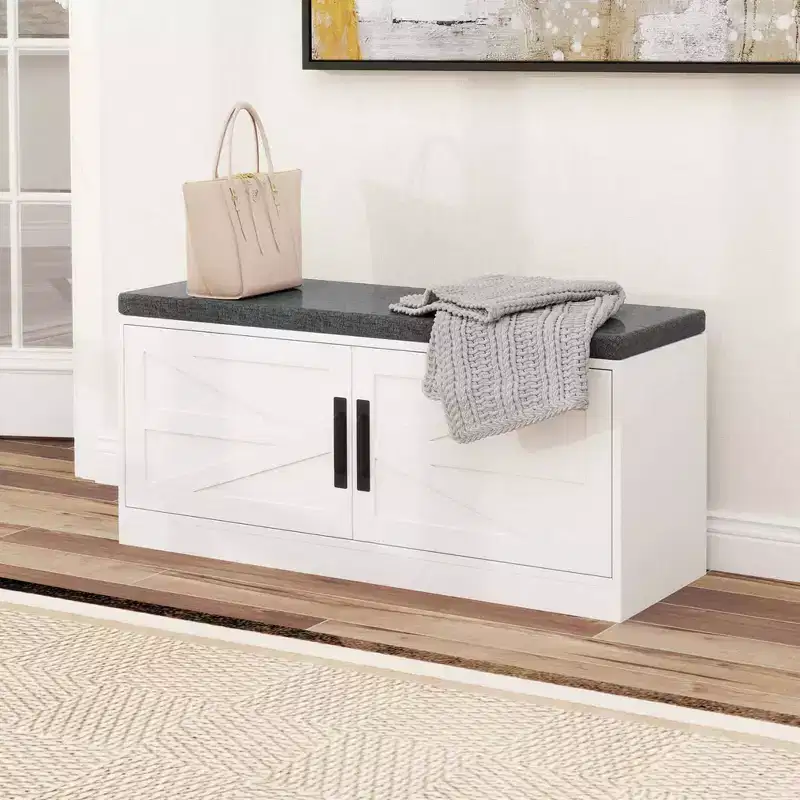 Costway Shoe Bench Farmhouse Shoe Rack Organizer with Cushion 2 Doors 2 Adjustable Shelves