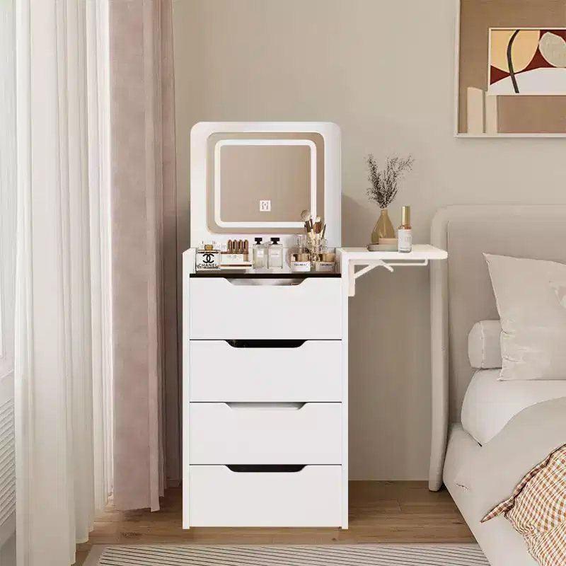 Okak Vanity Table and Chair Set with Mirror, 3 in 1 Vanity Desk with Plip Top Mirror, Small Make Up Vanity Set with Visible Glass Desktop
