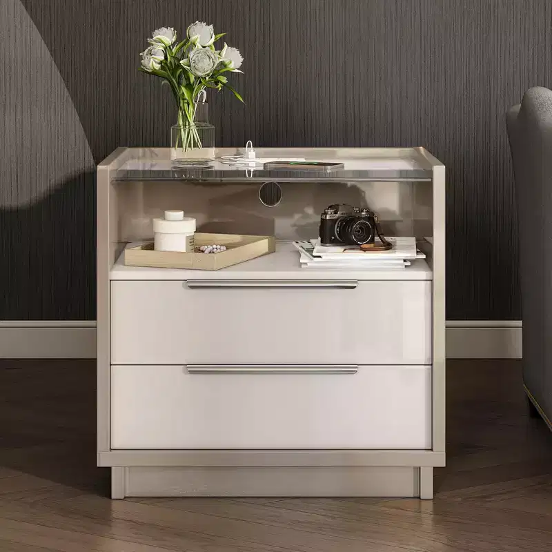 AMERLIFE 23.6 High Gloss Nightstand with Glass Tabletop, Modern Bedside Table with Charging Station