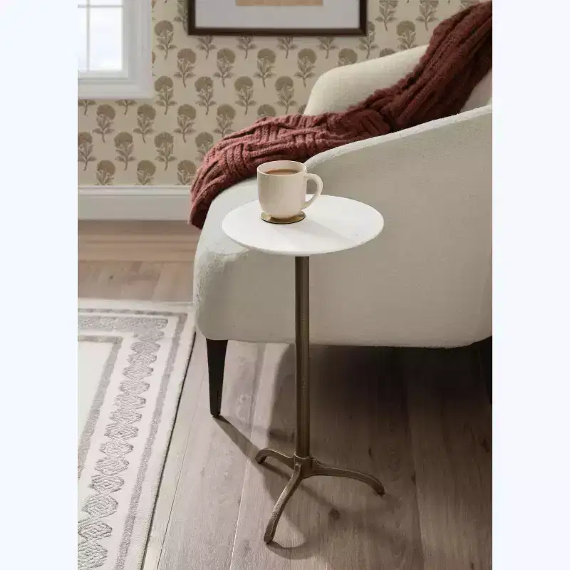 Marble and Metal Round Side Table, White and Bronze, 12x12x24