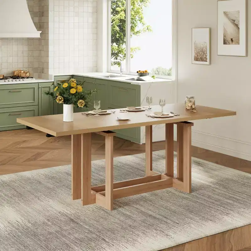 GDFStudio Ebony 82 Extendable Rubberwood Dining Table with Two 12'' Removable Leaves and Trestle Legs