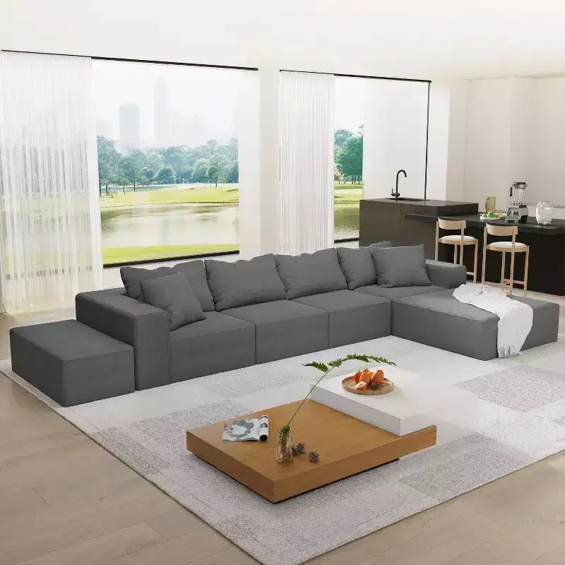 Modern Upholstered Sectional Sofa Couch Set, Modular 132 L-Shaped Sectional Living Room Sofa Set with 6 Cushions