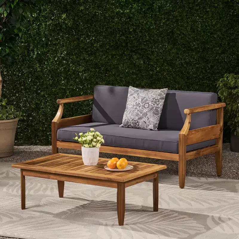 GDFStudio Bianca Outdoor Acacia Wood Loveseat and Coffee Table Set with Cushions, Teak/Dark Gray