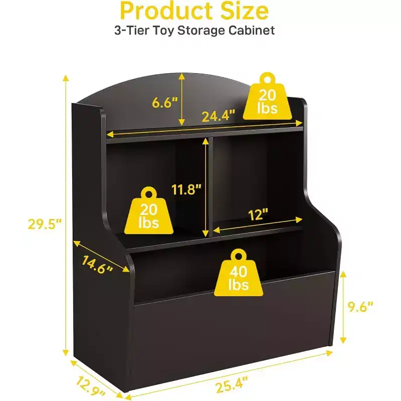 3-Tier Toy Storage Cabinet & Bookcase with Cubbies, Multi-Shelf Organizer for Playroom Bedroom Hallway Kindergarten, Dark Brown