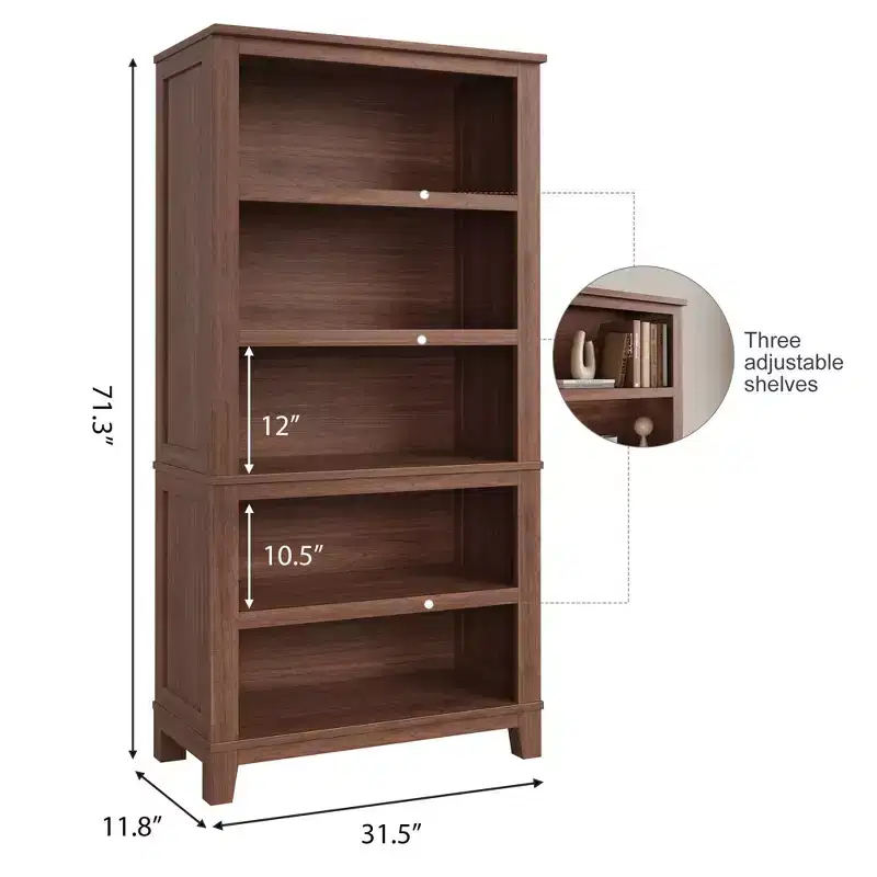71in Tall Farmhouse Bookcase with Adjustable Shelves, Wooden 5-Tier Tall Bookshelf Display Shelf with Sturdy Legs, for Living Room Office Bedroom