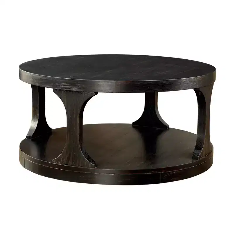 HOMES: Inside + OutSande Farmhouse Round Wood Coffee Table Antique Black: Fixed Shelf, Transitional Style