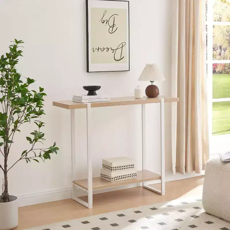 with Shelves - Modern Metal Wood Sofa Table for Living Room, Entryway, Hallway, Foyer