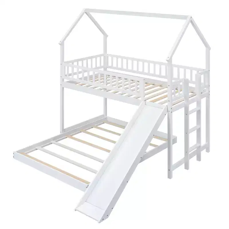 Whisen House Roof Design Twin over Full House Bunk Bed with Slide and Built-in Ladder