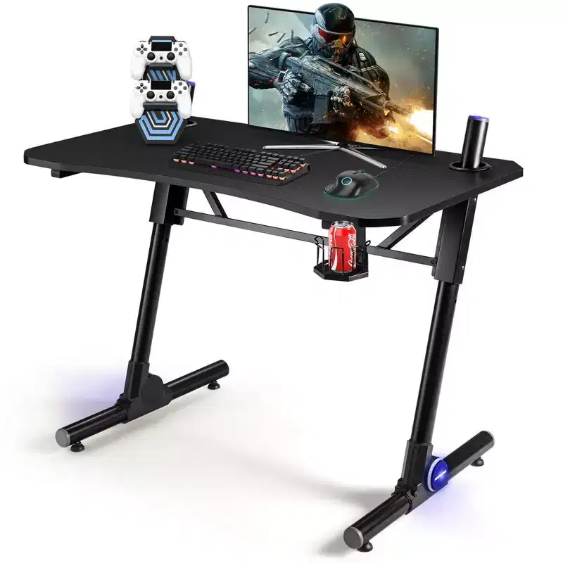 Gaming Computer Desk Height Adjustable w/ LED Light & Gaming Handle Rack