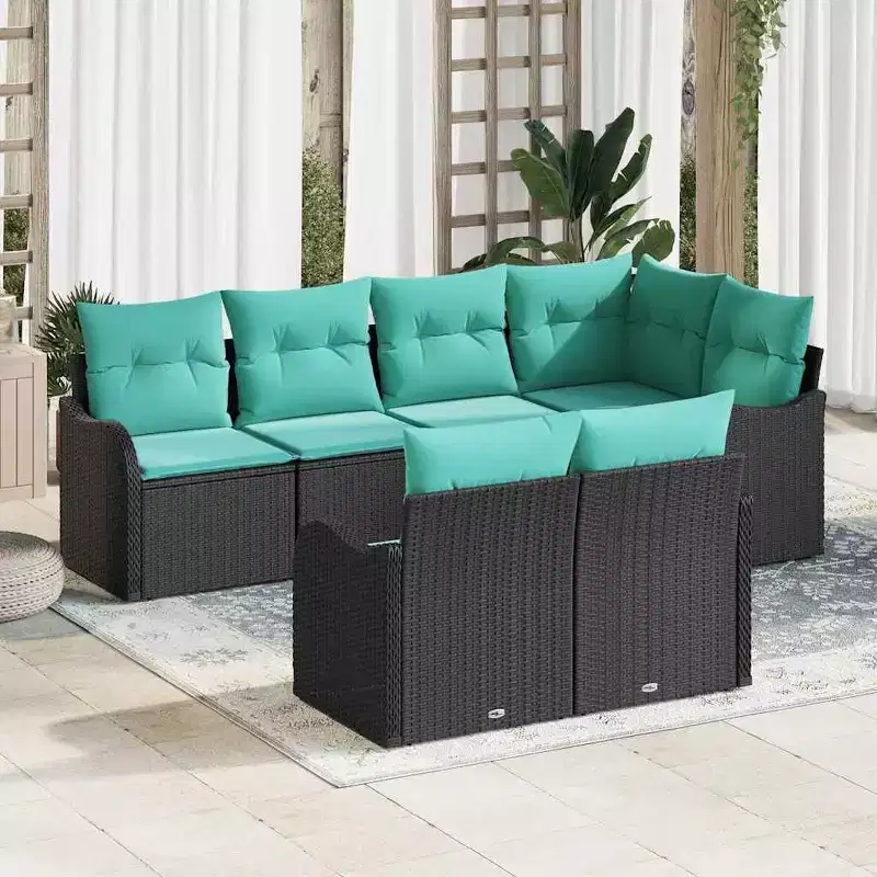 vidaXL Garden Sofa Set with Cushion 7 pcs Black Poly rattan - Black and Turquoise