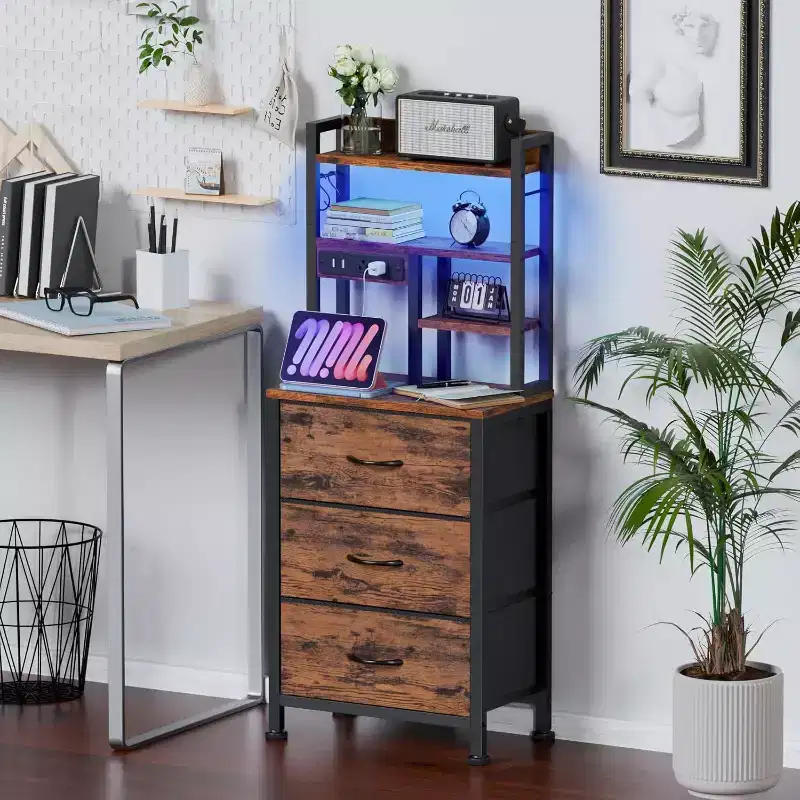 Qwatto 45.3in Tall Bedside Table with USB Charging Station and Light 3 Fabric Drawer Nightstand Bookshelf for Small Space Bedroom Dorm Brown Finish