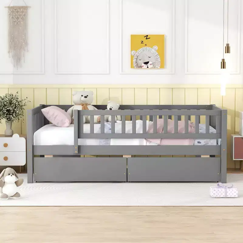 Twin Size Low Daybed with Storage Drawers, Wood Twin Platform Bed Frame with Rails for Boys and Girls Bedroom