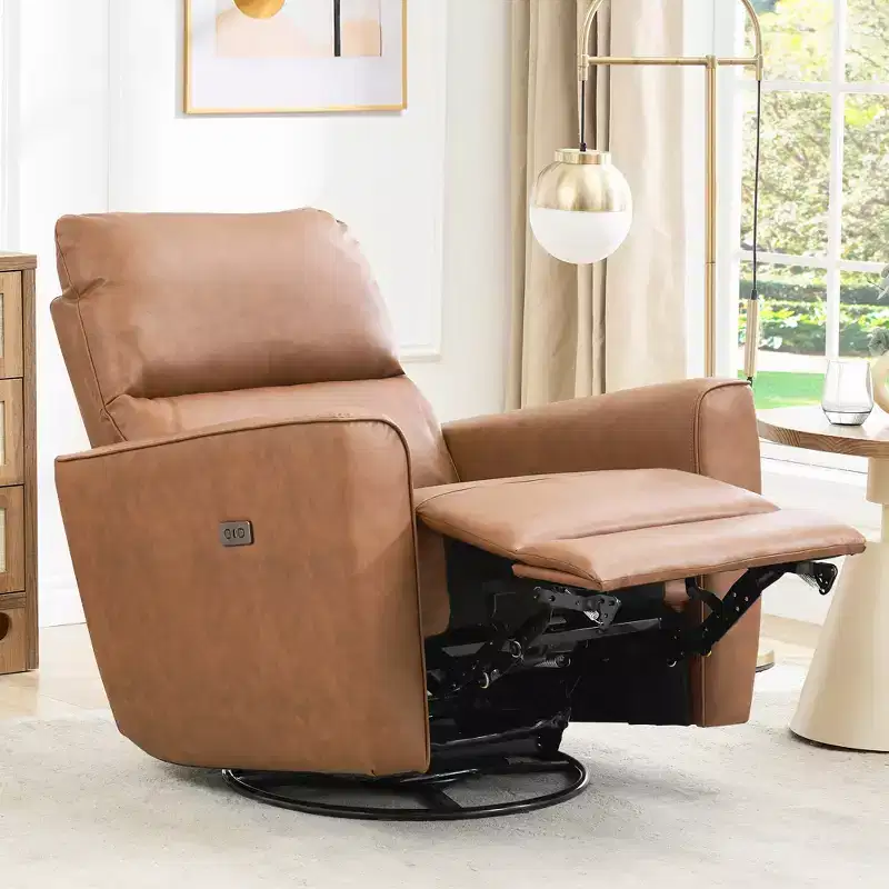 Swivel Recliner Chair, PU Leather Upholstered Rocker Recliner with Adjustable Footrest and Curved Armrest, Modern Reclining Sofa for Living Room