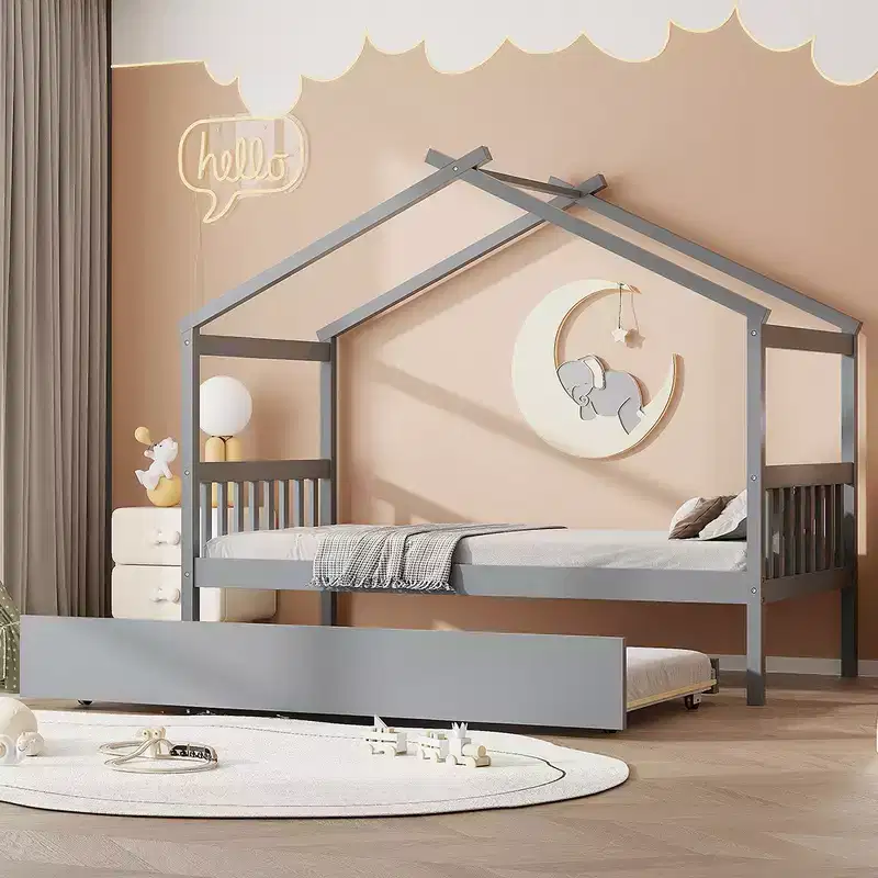n Twin Size Wooden House Bed with Twin Size Trundle