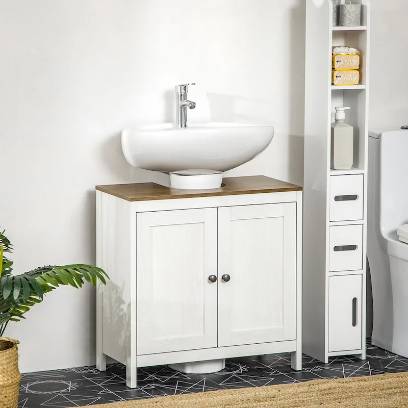 Under-Sink Pedestal Cabinet with U-Cutout, Double Doors & Adjustable Shelf – White, Walnut Top, Anti-Tip