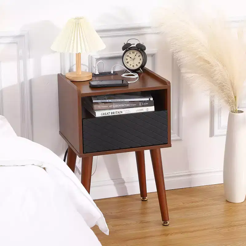 Modern End Table with Charging Station, Wooden Nightstand with Drawe, Sofa Side Table for Living Room Bedroom