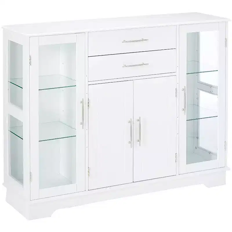 4-Door Kitchen Storage Buffet Display Cabinet with Glass Doors, White