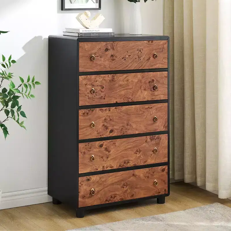 5-Drawer Dresser with Curved Profile, 46 in Tall Modern Chest with Natural Oak Texture